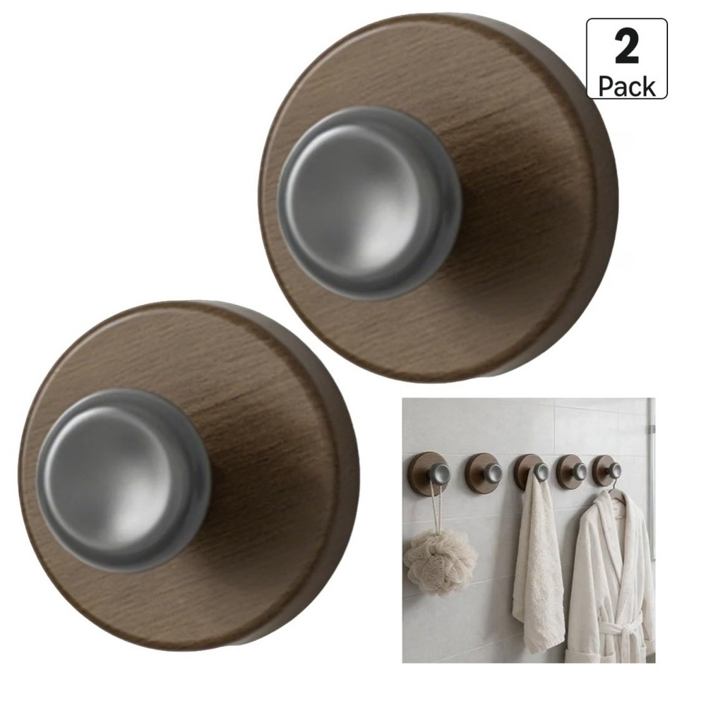 2 Pack Walnut Finish Suction Cup Towel Hooks Vacuum Sealed Damage Free NIB